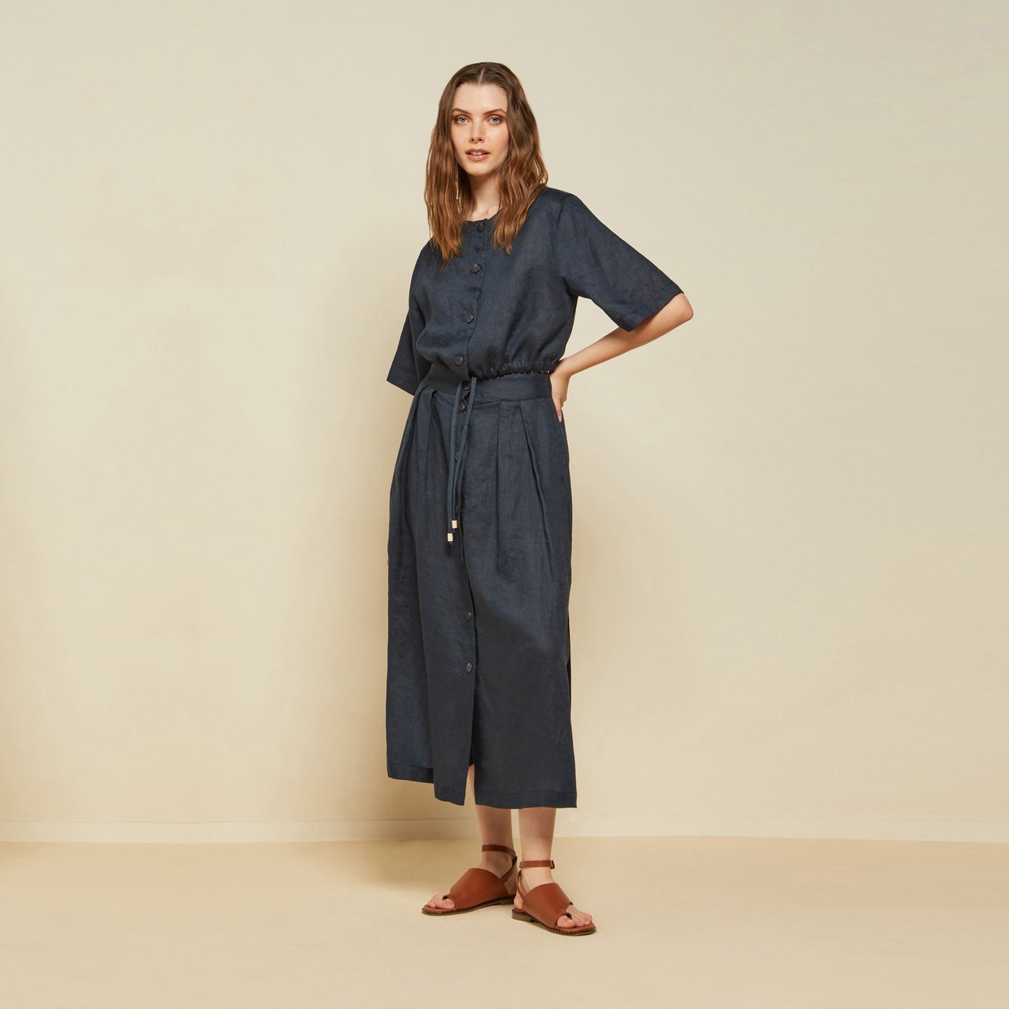 Linen Drawstring Shirt - Blue