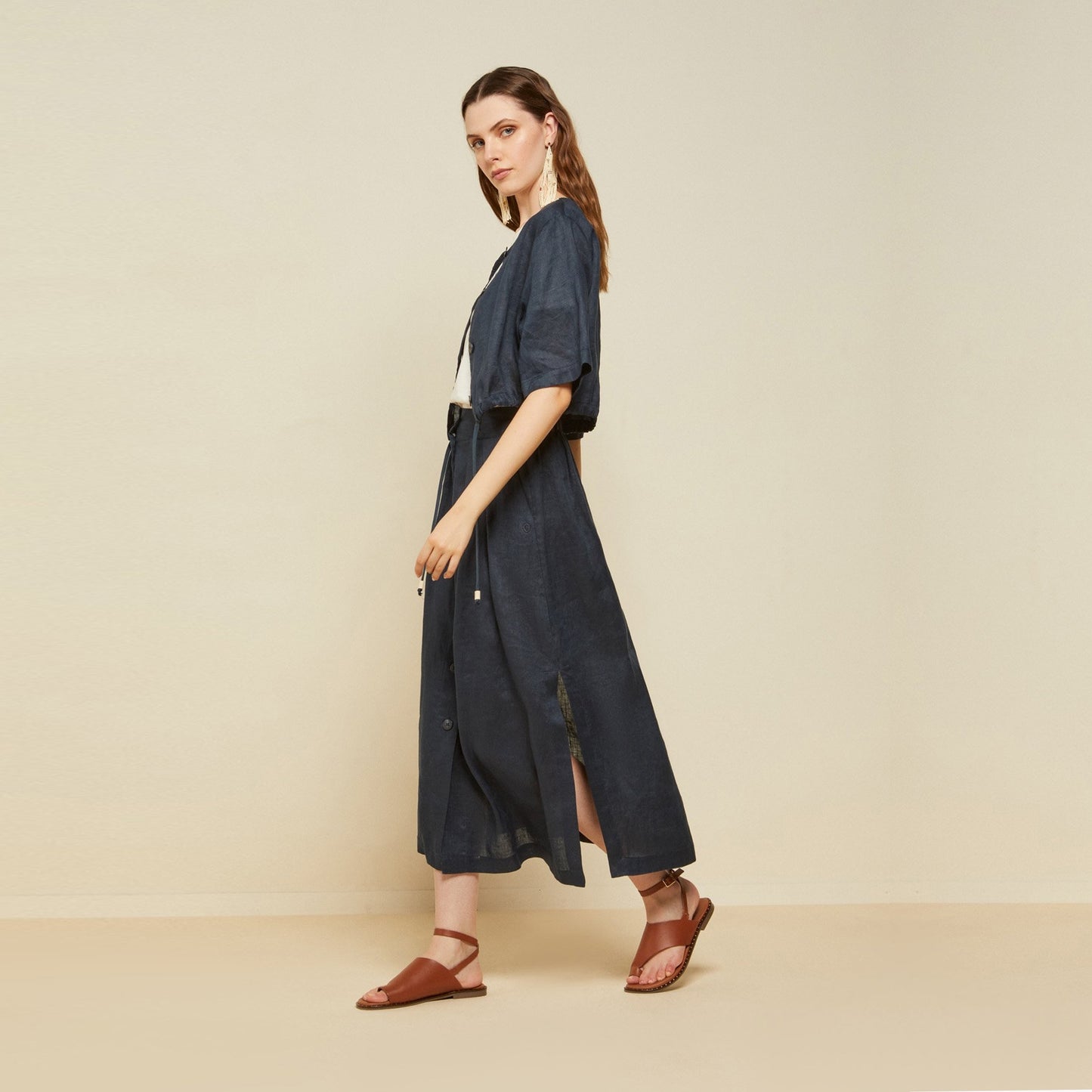 Linen Drawstring Shirt - Blue