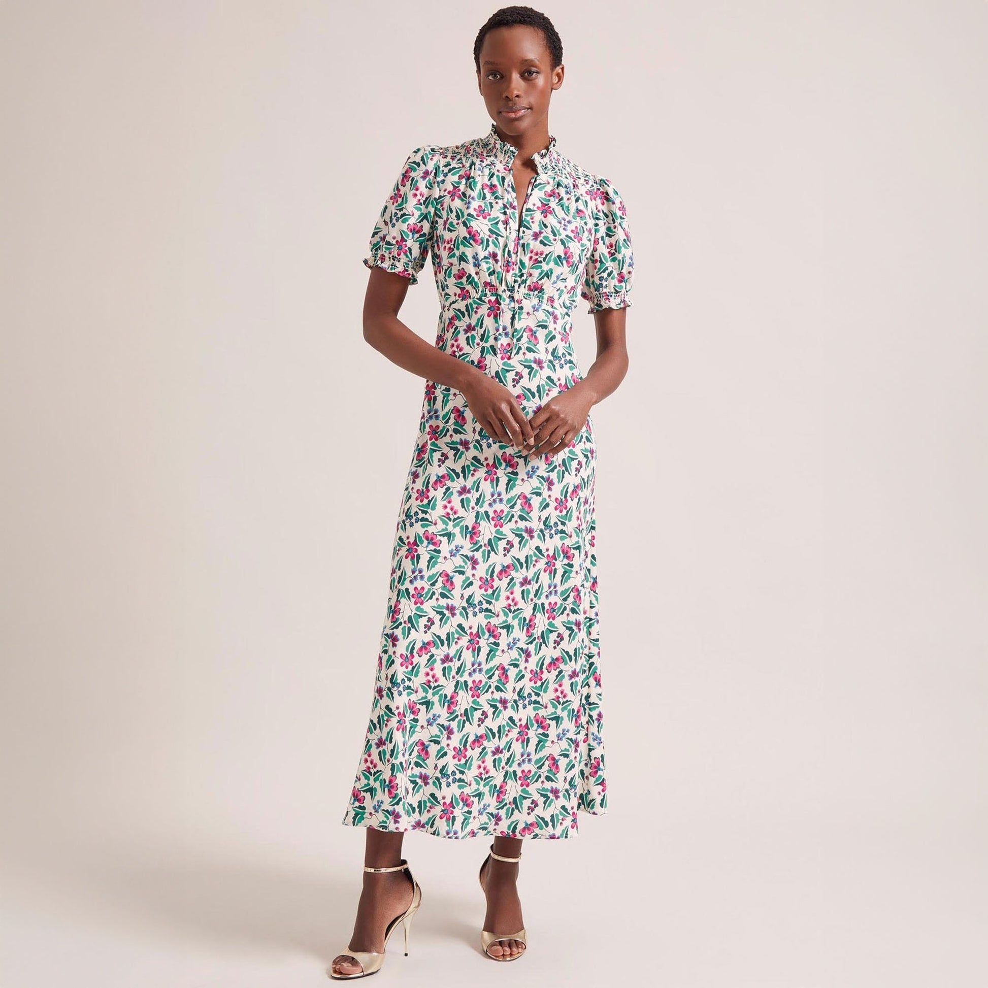 Cefinn Irina Floral Print Shirred Dress - White/Multi Tropical Floral