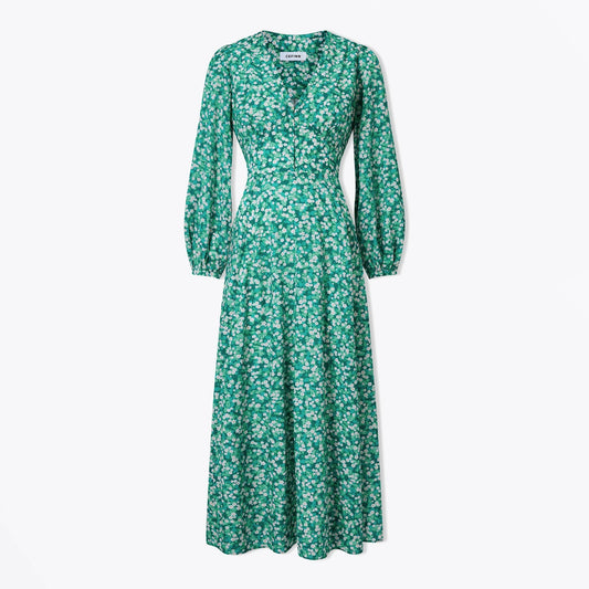 - Cora Cotton Blend V Neck Dress - Mid Green Blossom