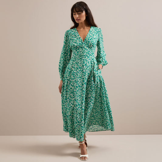 - Cora Cotton Blend V Neck Dress - Mid Green Blossom