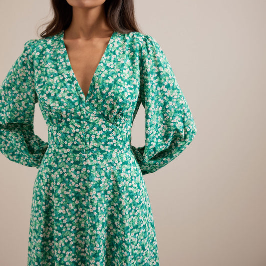 - Cora Cotton Blend V Neck Dress - Mid Green Blossom