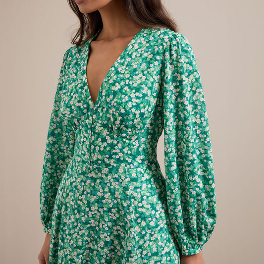 - Cora Cotton Blend V Neck Dress - Mid Green Blossom