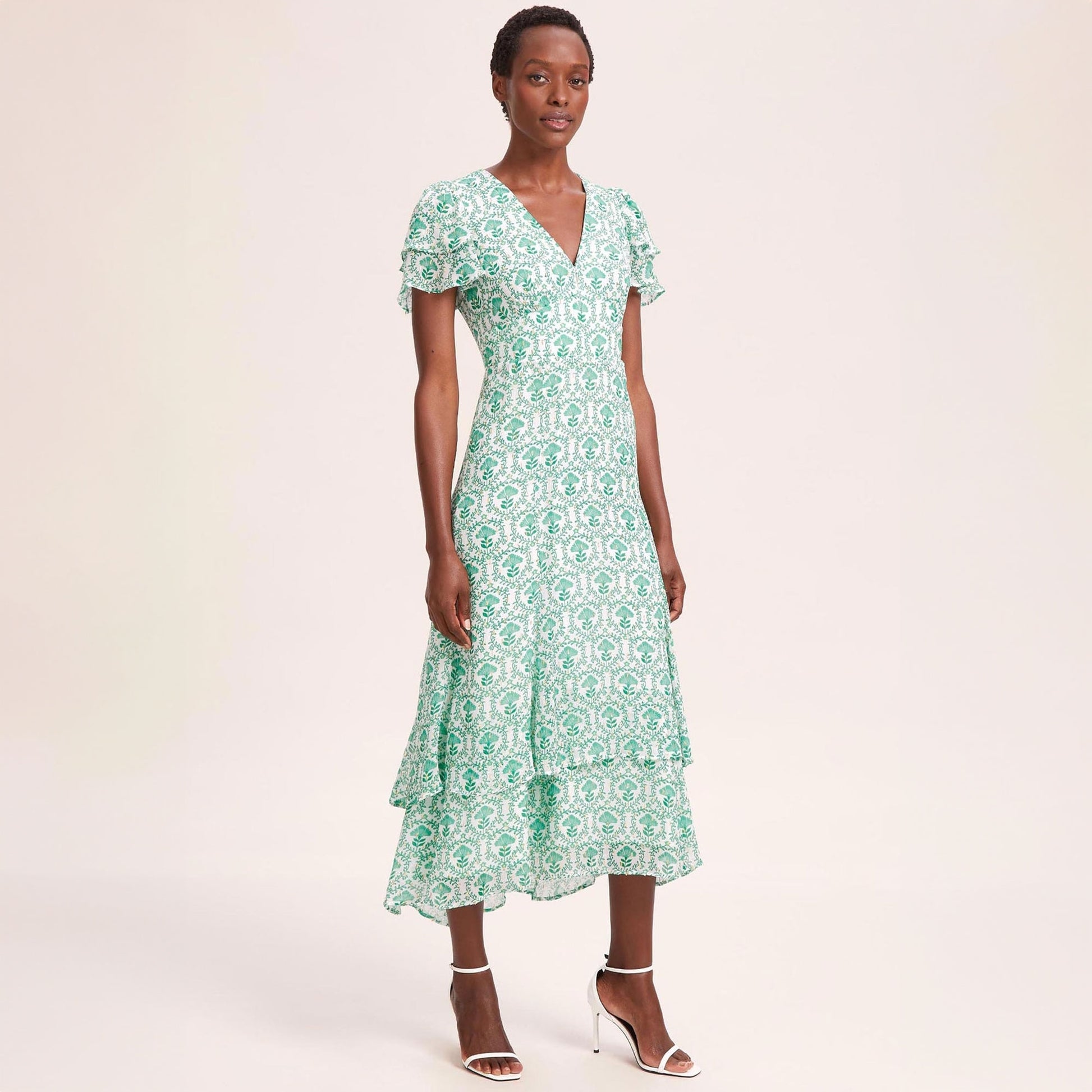 Cefinn Lotta Lurex Fil Coupé Maxi Dress - Pale Green Carnation Print