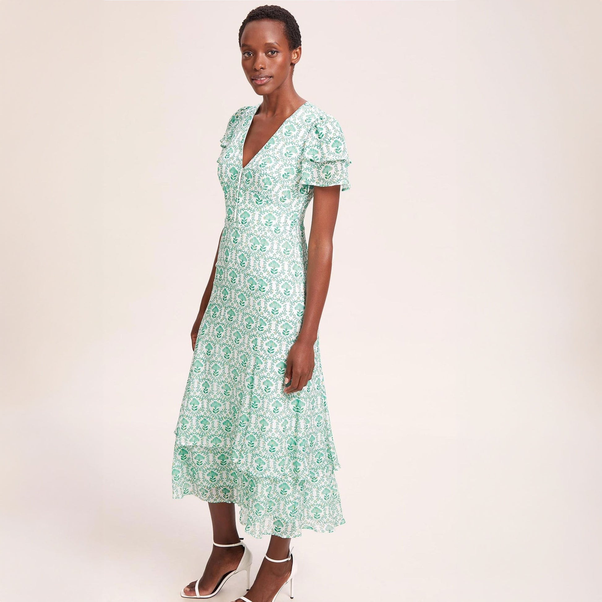 Cefinn Lotta Lurex Fil Coupé Maxi Dress - Pale Green Carnation Print