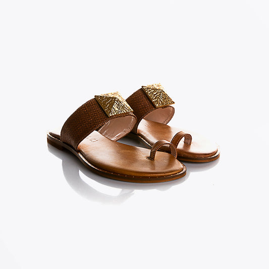 - Square Applique Sandals - Camel/Gold