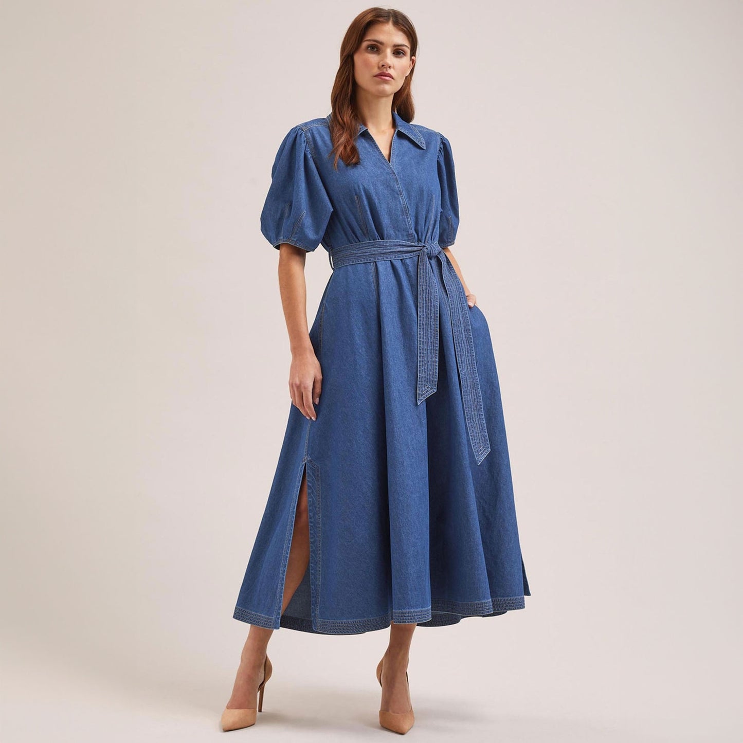 - Wren Denim Collared Maxi Dress - Light Blue