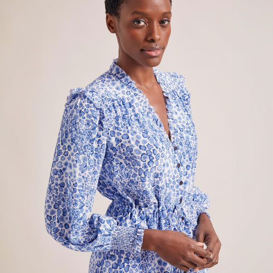 - Stella Silk Midi Dress - Blue Leopard