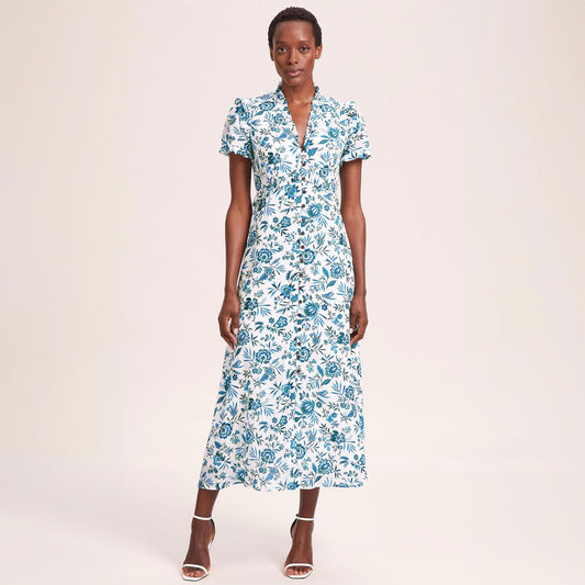 - Lilliana Floral Print Maxi Dress - White/Blue Palm Floral