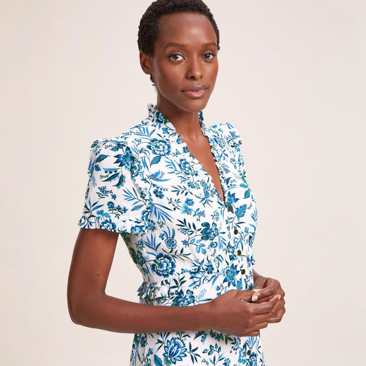 - Lilliana Floral Print Maxi Dress - White/Blue Palm Floral