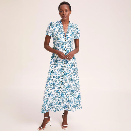 - Lilliana Floral Print Maxi Dress - White/Blue Palm Floral