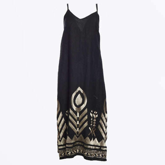 - Feather Midi Strappy Dress - Black/Gold