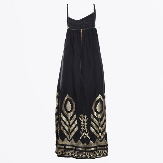 - Feather Midi Strappy Dress - Black/Gold