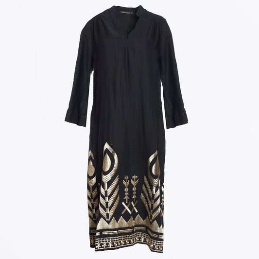 - Feather Arrow Linen Kaftan - Black/Gold