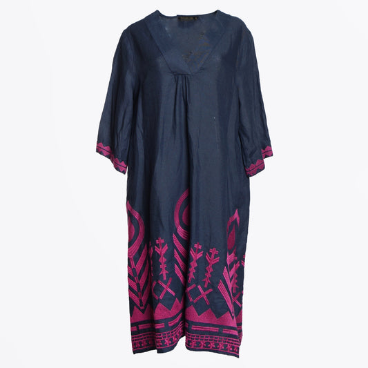 - Feather Linen Kaftan Dress - Navy Blue