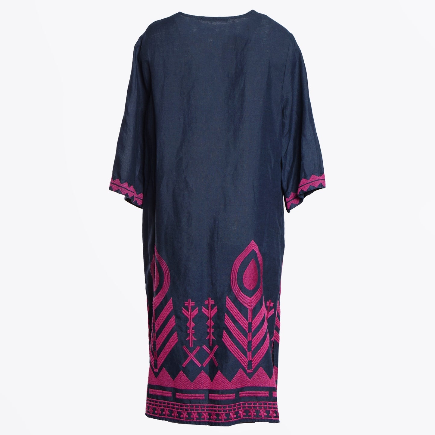 - Feather Linen Kaftan Dress - Navy Blue