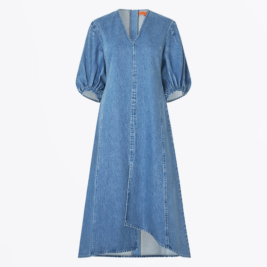- Volume Sleeves Midi Dress - Denim