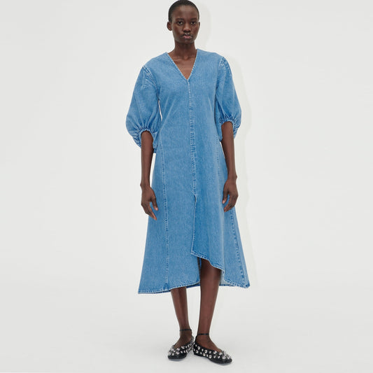 - Volume Sleeves Midi Dress - Denim
