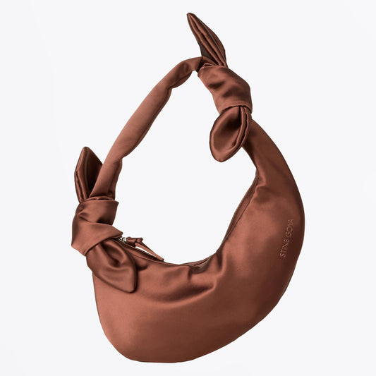 - Satin Knotted Satchel - Chocolate