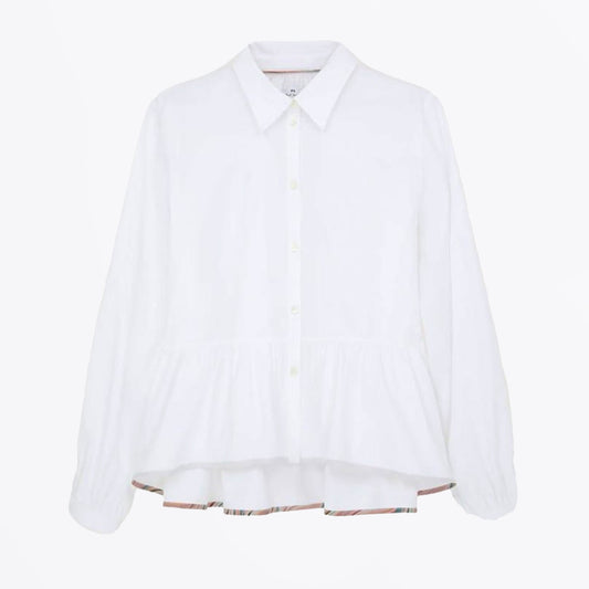 - Cotton Swirl Trim Peplum Shirt - White