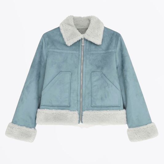 - Faux Fur Trim Short Jacket - Blue