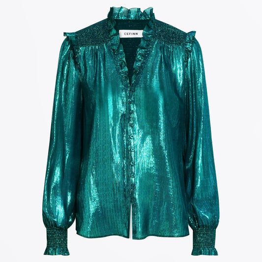 - Stella Metallic Frill V Shirt - Dark Green