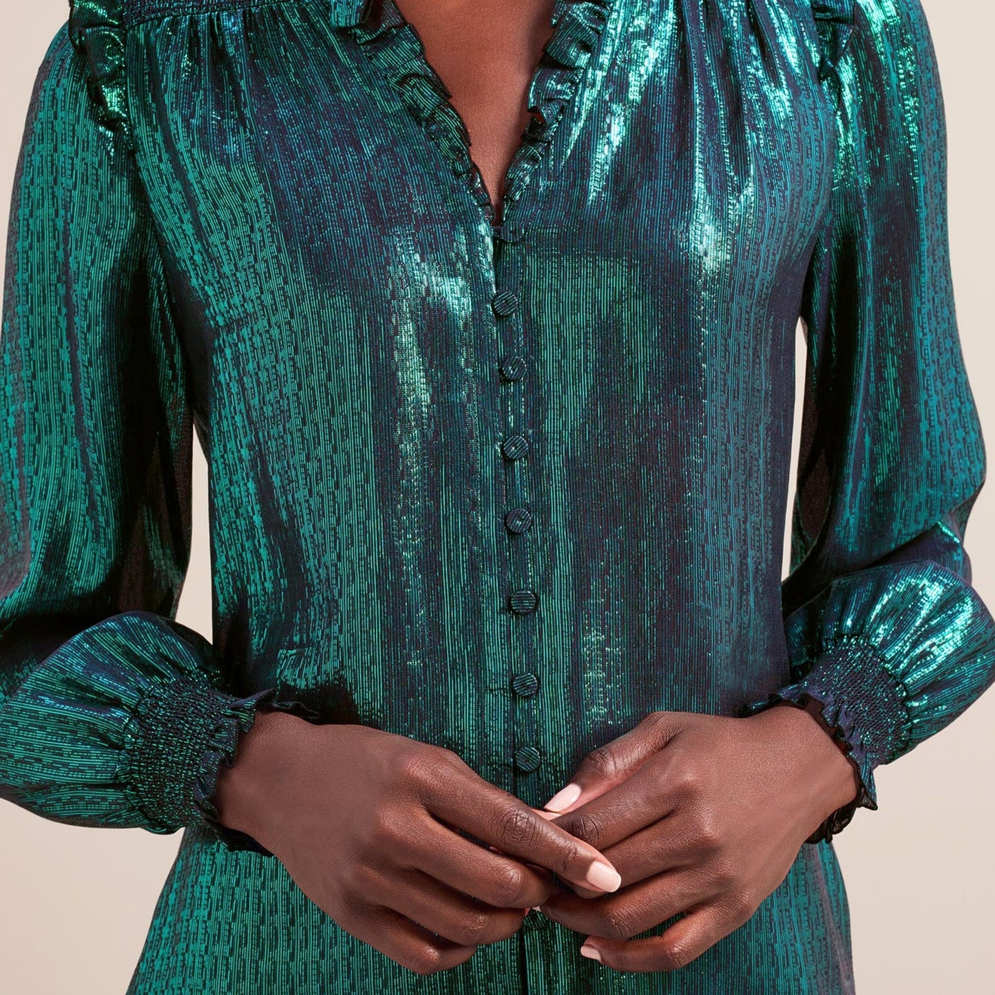 - Stella Metallic Frill V Shirt - Dark Green