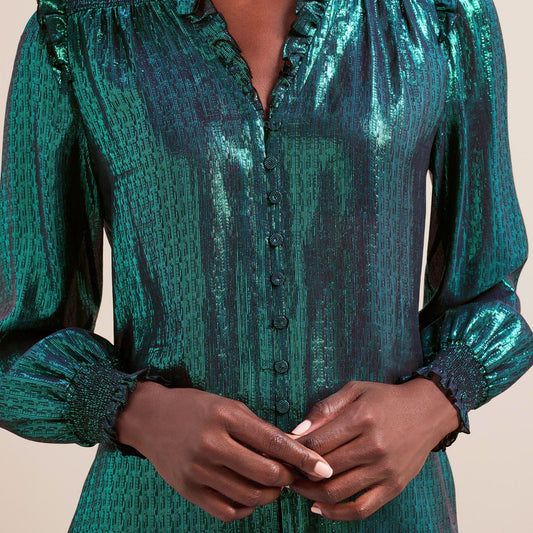 - Stella Metallic Frill V Shirt - Dark Green
