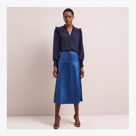 - Tiana Leather Panel Midi Skirt - Metallic Blue