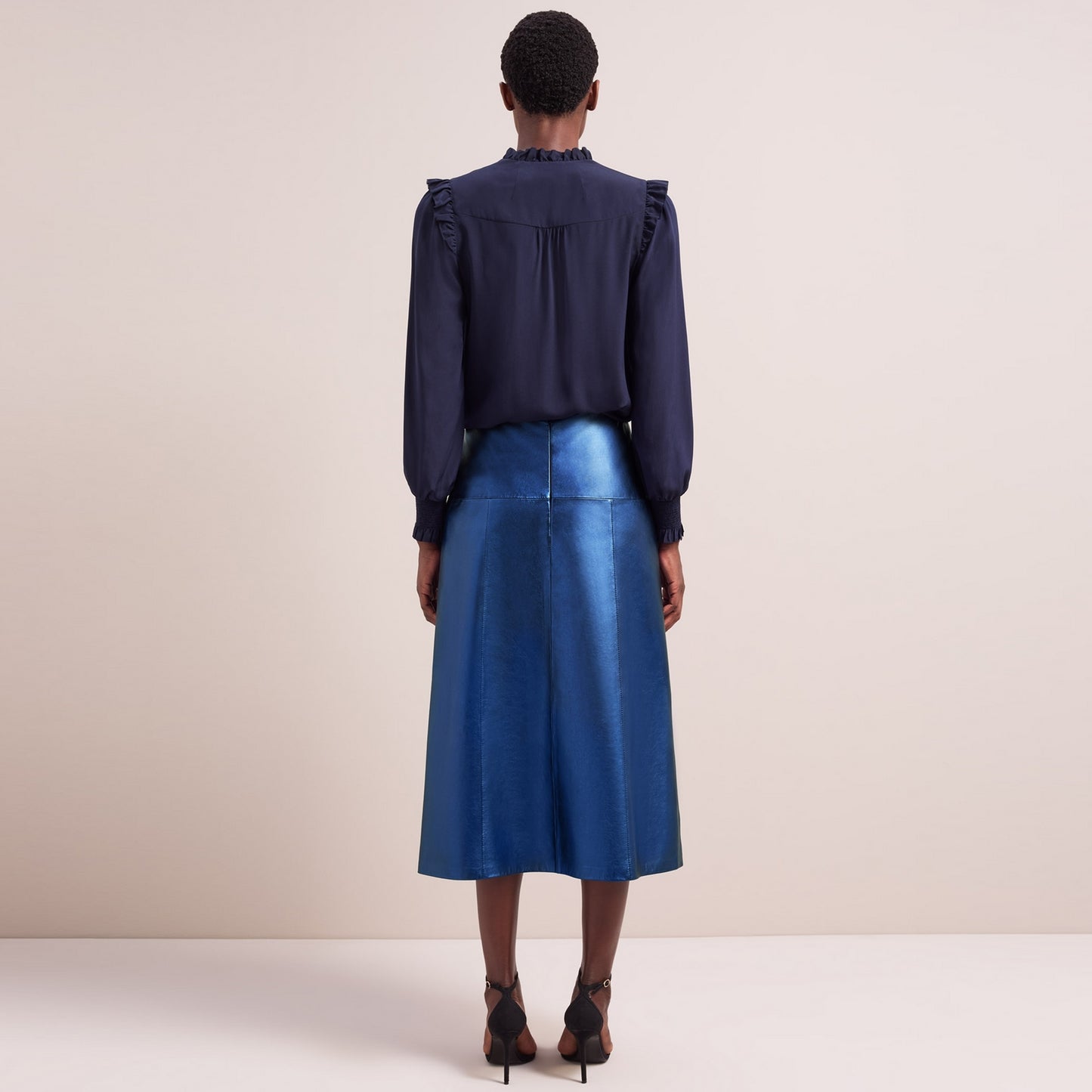 - Tiana Leather Panel Midi Skirt - Metallic Blue