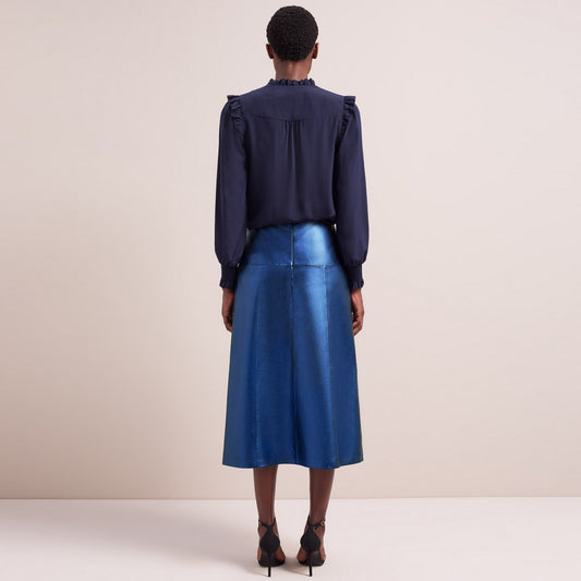 - Tiana Leather Panel Midi Skirt - Metallic Blue