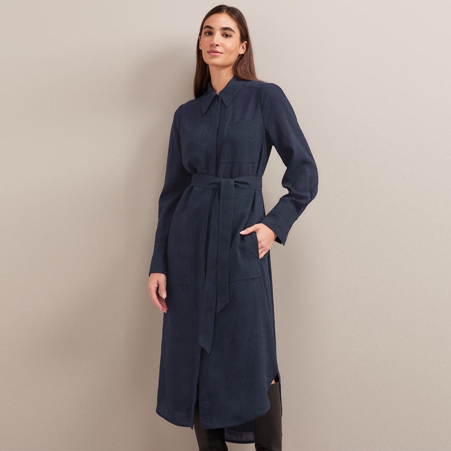 - Amara Midi Shirt Dress - Navy