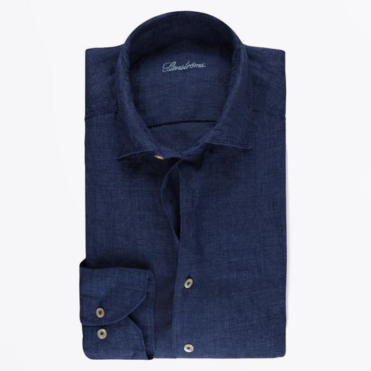 - Fitted Body Laundered Linen Shirt - Dark Blue