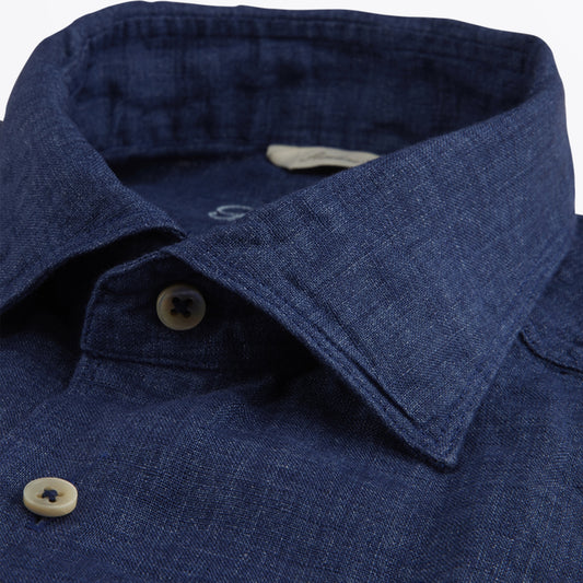 - Fitted Body Laundered Linen Shirt - Dark Blue