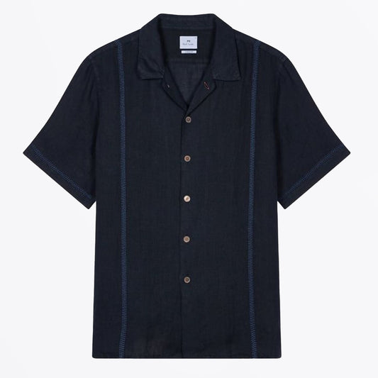 - Casual Fit Short Sleeve Linen Shirt - Dark Navy