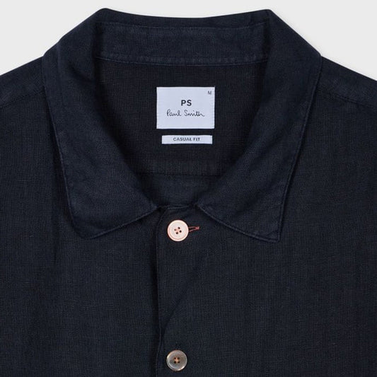 - Casual Fit Short Sleeve Linen Shirt - Dark Navy