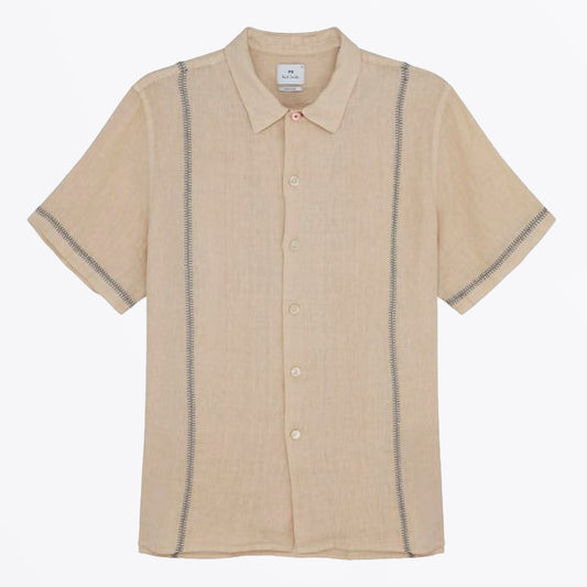 - Casual Fit Short Sleeve Linen Shirt - Light Beige