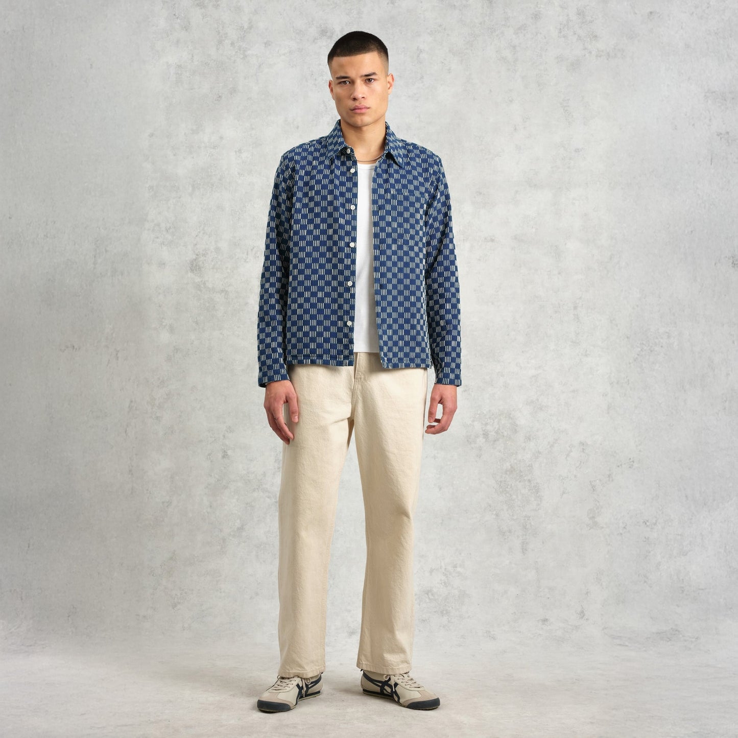 - Breton Geometric Grid Overshirt - Indigo