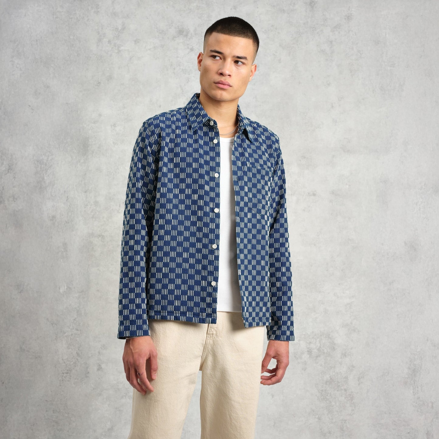 - Breton Geometric Grid Overshirt - Indigo