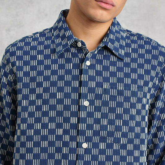 - Breton Geometric Grid Overshirt - Indigo