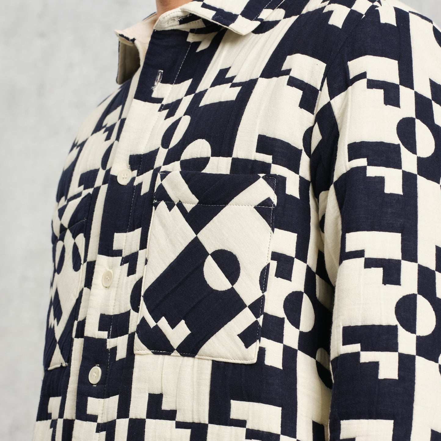 - Otto Jigsaw Jacquard Overshirt - Navy/Ecru