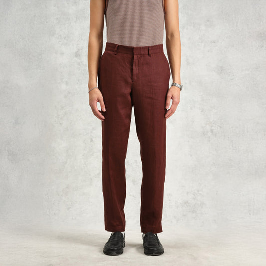 - Alp Smart Linen Trousers - Merlot