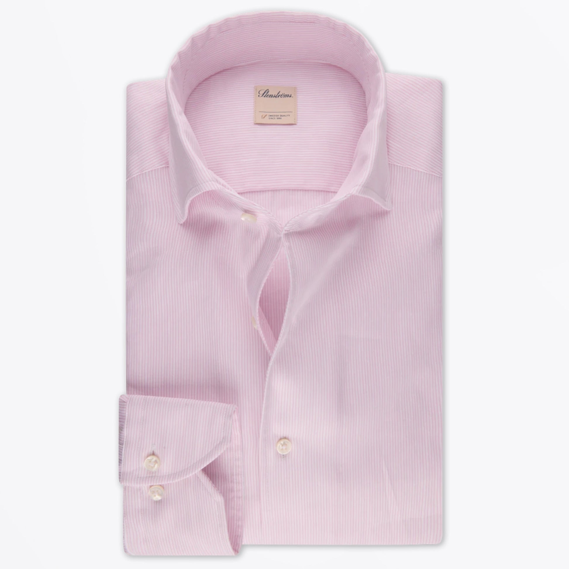 Stenstroms Fitted Body Cotton/Linen Shirt - Light Pink Stripe