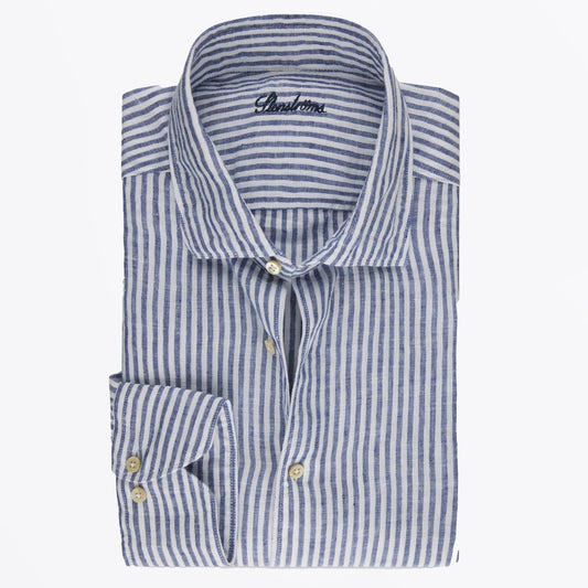 - Fitted Body Linen Shirt - Blue Stripe