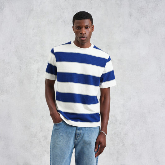 - Dean Short Sleeve Block Stripe Tee - Blue/Ecru