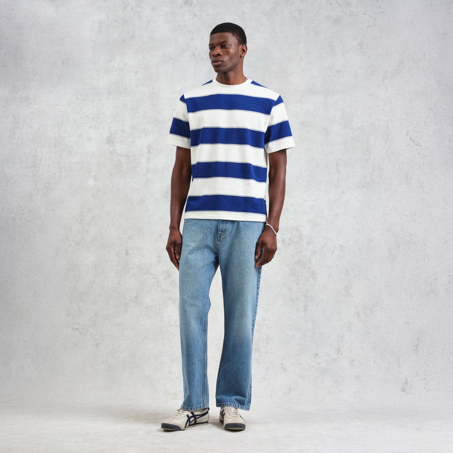 - Dean Short Sleeve Block Stripe Tee - Blue/Ecru