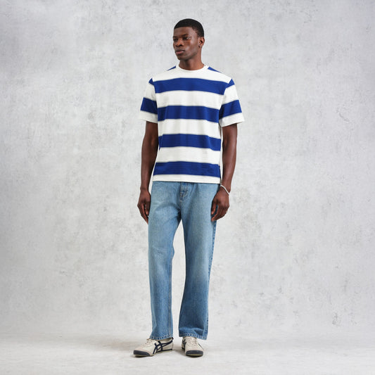 - Dean Short Sleeve Block Stripe Tee - Blue/Ecru