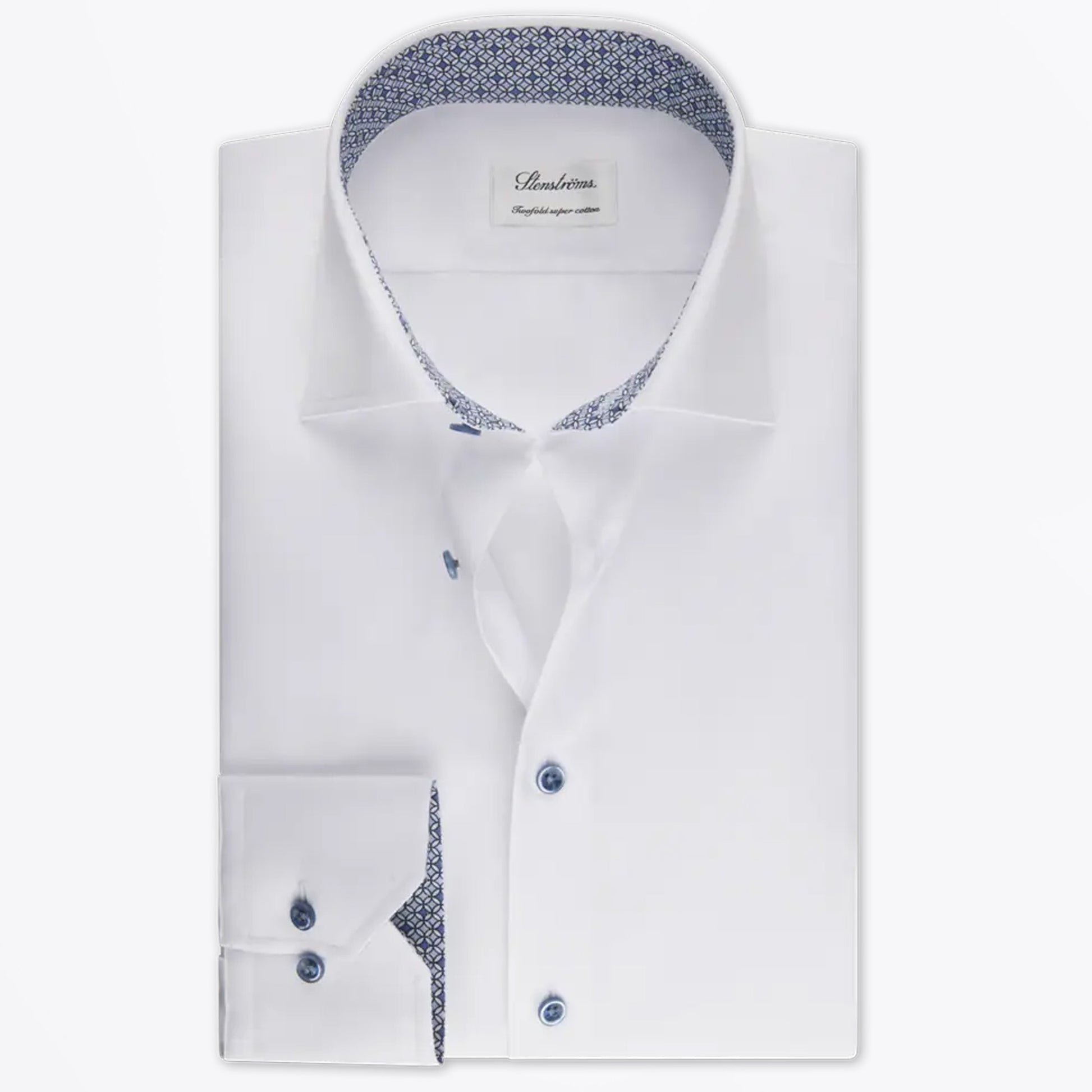 Stenstroms Fitted Body Cotton Shirt With Contrast Collar - White