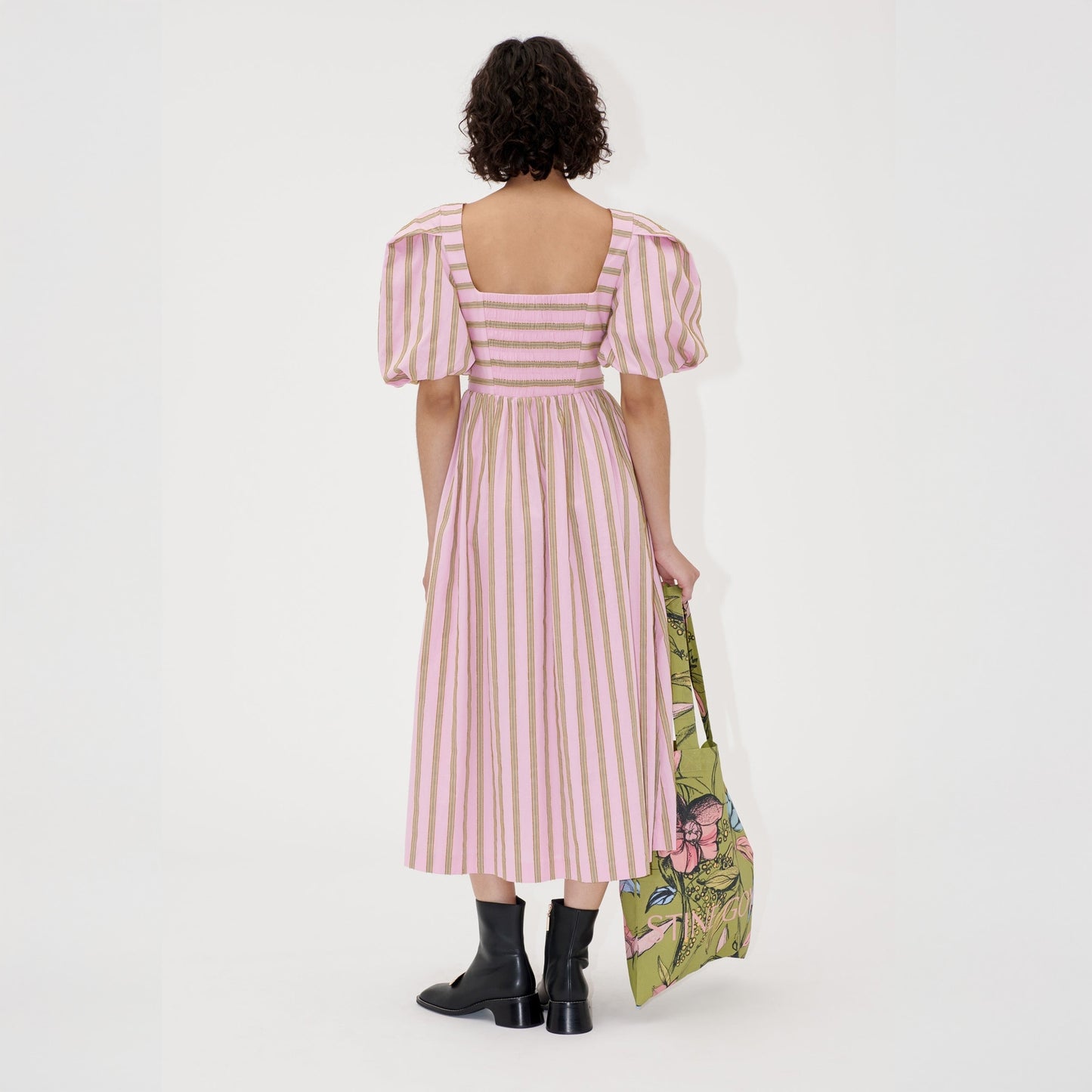 - Blouson Sleeve Midi Dress - Wallpaper Stripes
