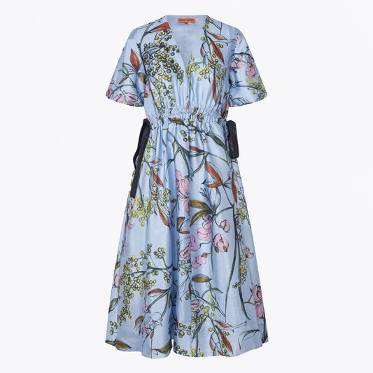 - V Neck Waist Tie Midi Dress - Spring Mimosa